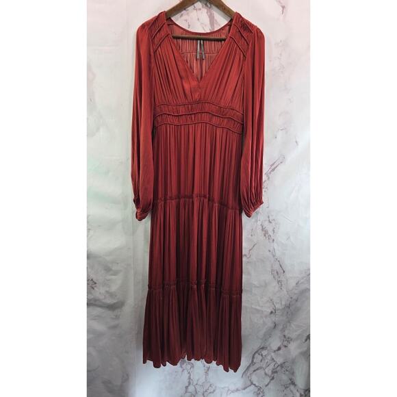 By Anthropologie Dress Womens XS Terracotta Satin Midi Maxi Grecian Rust Tiered - Picture 1 of 13